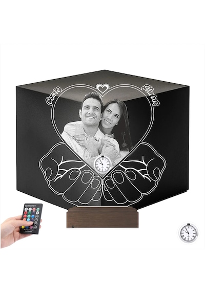 Luvivia Kalp Sevgiliye Hediye Fotoğraflı Metal Saatli 3d Lamba - Masa Gece Lambası