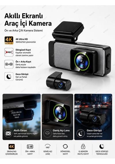 Blc 4k Ultra Hd Araç İçi Kamera Ön Ve Arka Çift Kameralı Akıllı Ekranlı Dash Cam Gece Görüşlü G-sensörlü 140 Geniş Açı Microsd Kart Destekli