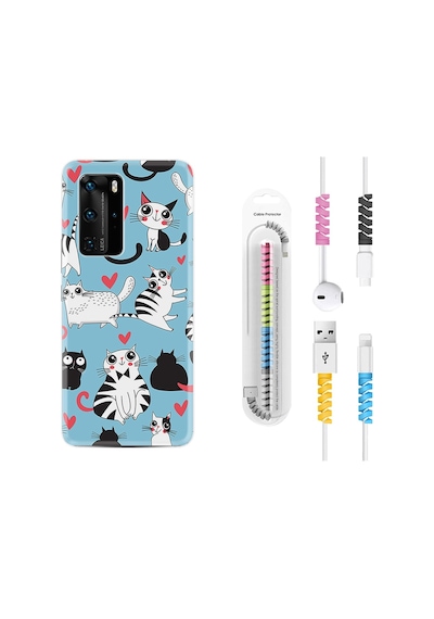 Huawei P40 Pro Kılıf Kablo Koruyuculu Kedicikler 1772