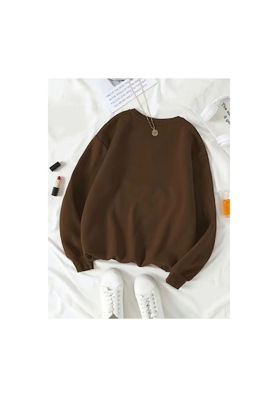 Herkesemoda Sevimli Ayıcık Baskı Detaylı Bisiklet Yaka Sweatshirt Kahverengi