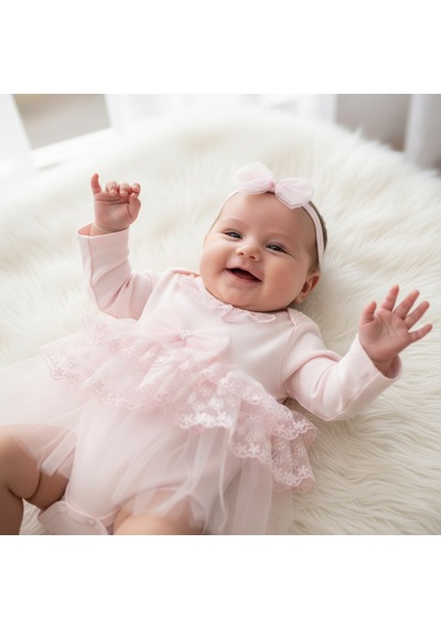 Ürünya Kız Bebek Tokalı Tüllü Zıbın Elbise Pembe