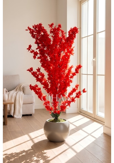 Yapay Kırmızı Sakura Kiraz Çiçeği Ağacı 120 Cm - Küre Plastik Saksılı 27x33 Cm Saksı Beyaz