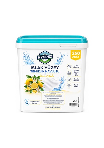 Hygrex Limon Kokulu Yüzey Temizlik Havlusu Islak Kova Mendil 250 Adet Ev Ofis Tüm Yüzeyler Kovalı Mendil Beyaz