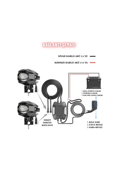 Motosiklet Sis Farı Çift Renk Tüm Montaj Aparatları Ve Kablo Set İle Kolay Montaj