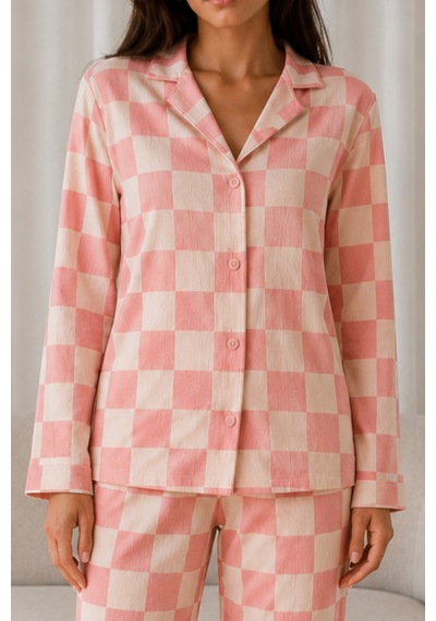 Kadın Desenli Basic Kış Pembe Pijama Takımı