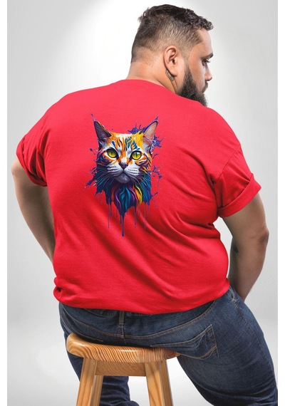 Angemiel Şimşek Yağmur Kedi Büyük Beden Kırmızı Tişört Kadın Erkek Ünisex Sırt Baskılı Kırmızı