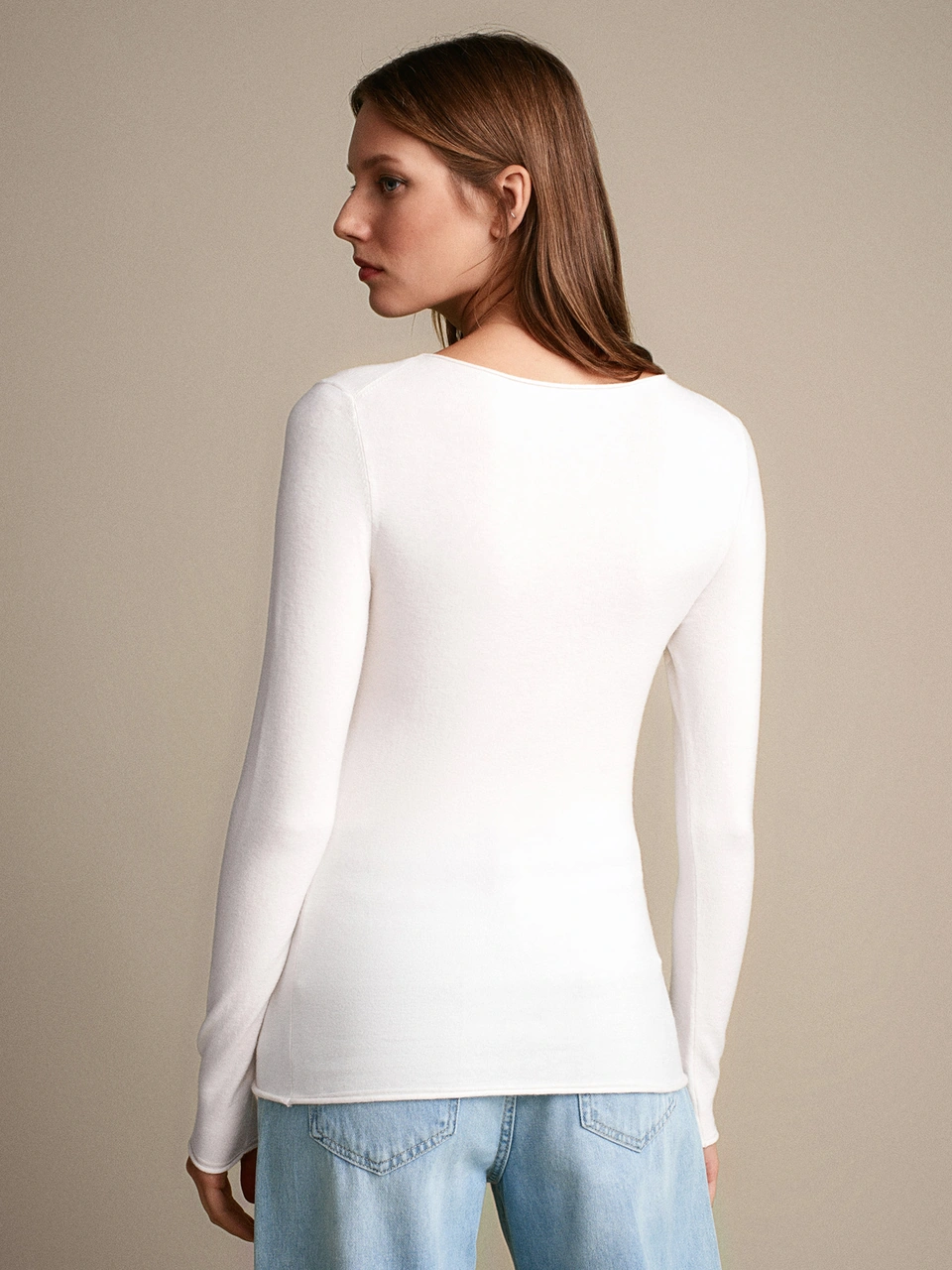 Dilvin 10840 Kayık Yaka Kaşmir Karışımlı Kazak-ekru Ekru