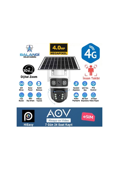 Balandı Pro-8200gıp 4mp 2 Kameralı 4g Aov Esım Solar Kamera, Hıeasy Yazılım