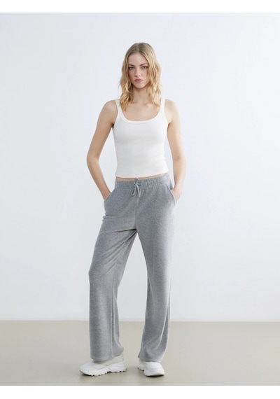 LC Waikiki Lcw Vision Gri Beli Lastikli Kadife Kadın Eşofman Altı Grey Melange