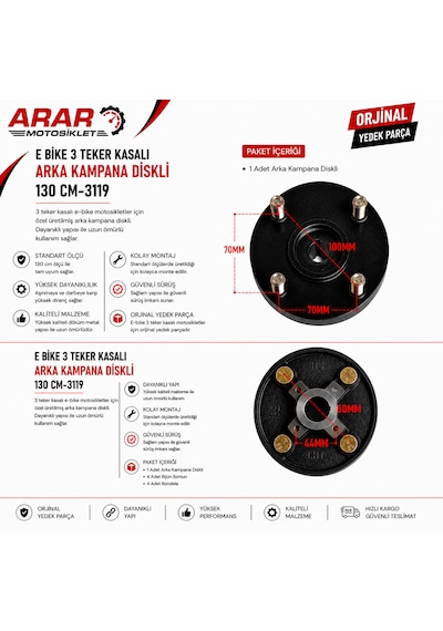 E Bike 3 Teker Kasalı Arka Kampana Diskli 130 Cm-3119 130mm