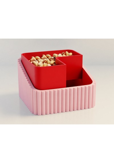 3d Baskı Fıstık Kasesi - Çift Hazneli Kabuk Ayırıcı Sunum Kasesi - Pembe Kırmızı