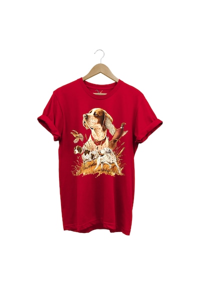 Avcılık Desenli Av Köpeği İngiliz Pointer Setter Sülün Vahşi Yaşam Baskılı Regular Fit T-shirt Kırmızı