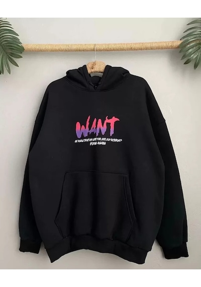 Etiler Collection Baskılı Üç İplik Kapüşonlu Oversize Sweatshirt - Siyah