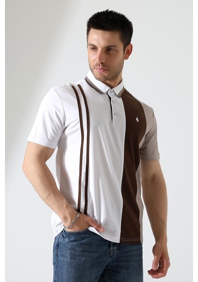 Rıbana Classıc Erkek Çizgili Şerit Detaylı Pamuklu Polo Yaka T-shirt Beyaz