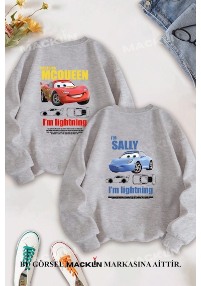 Macklin Sevgili Çift Kombin Şimşek Mcqueen Ve Sally Sırt Baskılı Bisiklet Yaka Sweatshirt 2li Set Takım Gri Mck1335 Gri
