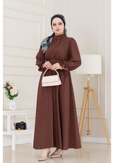 Sevitli Kolu Volanlı Kemerli Henna Elbise-kahverengi-5054 Kahverengi