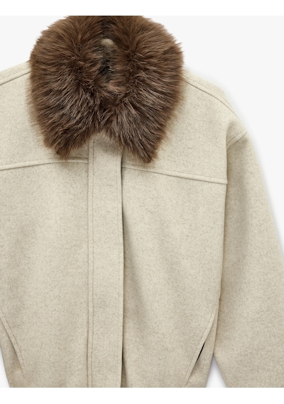Koton Uzun Kollu Cepli Çıkarılabilir Suni Kürk Yaka Kaşe Crop Bomber Ceket Vızon Melanj 6wak20483ew Vizon