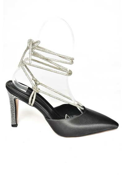 Fox Shoes S404911004 Siyah Saten Kumaş Bilekten Bağlamalı Kadın Abiye Ayakkabı Siyah