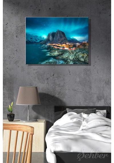 Norveç Lofoten Adaları Kuzey Işıkları Aurora Borealis Manzarası Yatay Kanvas Tablo 4365 Çok Renkli