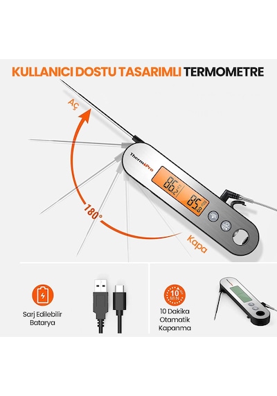 ThermoPro TP610 Su Geçirmez, Dijital ve Işıklı Çift Problu Katlanabilir Profesyonel Gıda Termometre