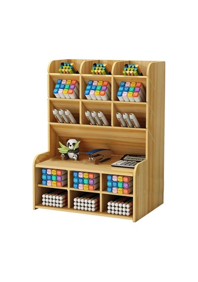 Kututr 9+9 Bölme Masaüstü Kalemlik Organizer Demonte Ceviz Çok Renkli
