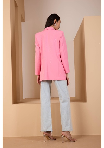 Pembe Regular Dokuma Astarlı Taş Detaylı Blazer Ceket Pembe