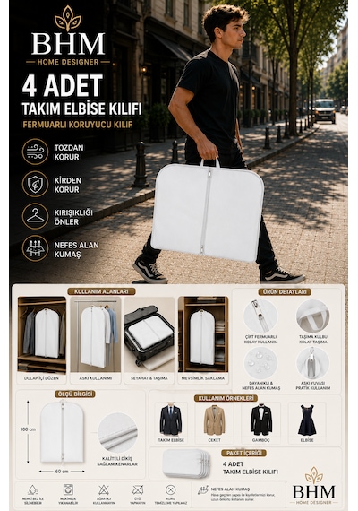 4'lü Takım Elbise Kılıfı 60x100 Cm Çift Fermuarlı Gamboç Elbise Kılıfı Kıyafet Koruyucu Toz Geçirmez Dolap Düzenleyici Beyaz