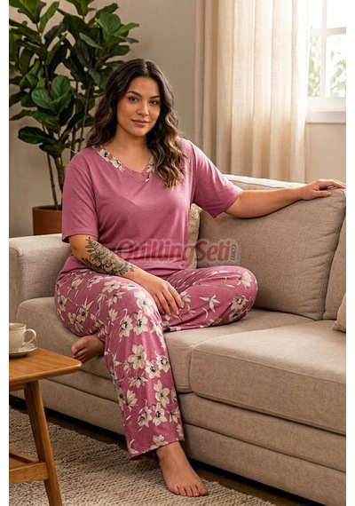 Lady Pembe Renk, Çiçek Desenli 11060 Kısa Kol Kadın Büyük Beden Anne Pijama Takımı