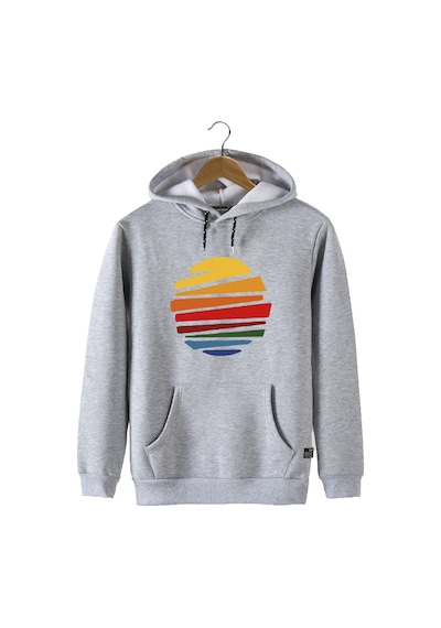 Unisex Gri Kapüşonlu Önü Güneş Baskılı Slim Fit Kanguru Cepli Sweatshirt Gri