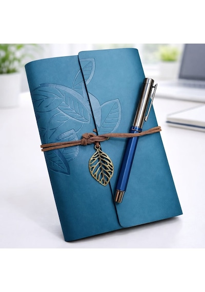Yaprak Desenli Deri Defter Ve Lacivert Metal Roller Kalem Seti Çok Renkli