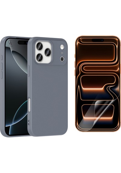 Apple Uyumlu iPhone 17 Pro Max Içi Kadife Lansman Kılıf Ve Mat Seramik Tam Kaplayan Ekran Koruyucu Gri