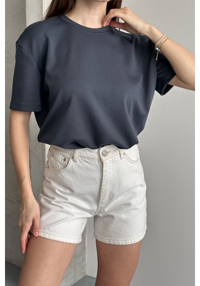 Balenbi Kadın Modal Bisiklet Yaka Basic Yarım Kollu T-shirt 1211 Füme