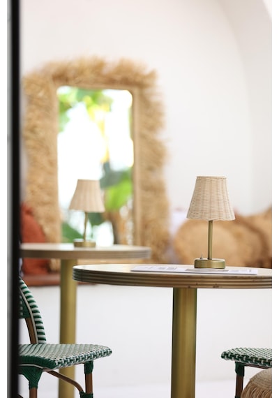 Rattan & Bambu Kablosuz Pilli Abajur Masa Lambası - Alt Uzun Eskitme Gold Eskitme Gold