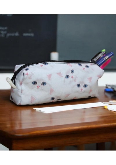 Beyaz Kedi Desenli Tatlı Kalemlik - Okul Kalemliği-makyaj Çantası