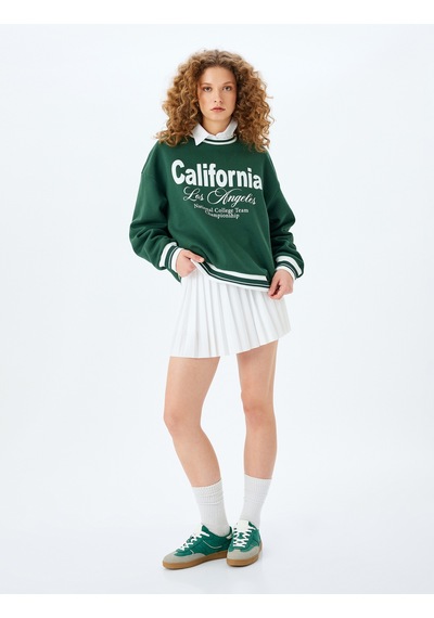 Koton Bisiklet Yaka Kolej Baskılı Biyeli Oversize Sweatshirt Yeşil 5wal10831ık Yeşil