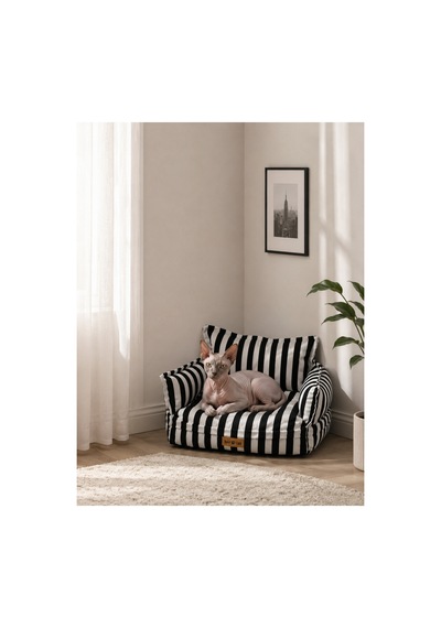 Kedi Ve Köpek Koltuğu Tamamen Fermuarlı Çıkarılabilir İç Minder Boncuk Elyaf Kaydırmaz Taban Kedi Ve Köpek Yatağı Siyah Çizgili 1616543748