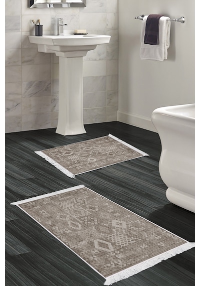 Dekoreko Kaymaz Taban Djt 2 Li Banyo Paspas Takımı Trend Saçaklı Iskandinav F5137 Kahve