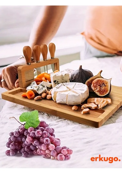 5 Parça Bambu Peynir Sunum Tahtası Ve Çatal - Spatula -mini Spatula - Bıçak Seti, Peynir Kesim Panosu, Sunum Seti Bambu