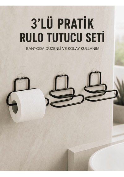 3 Lü Yapışkanlı Tuvalet Kağıdı Tutucu Seti Siyah Duvar Tipi Rulo Çok Renkli