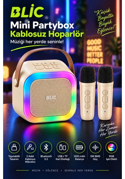 Blic Bls-97 Bej Partybox Çift Kablosuz Mikrofonlu Rgb Led Işıklı Taşınabilir Bluetooth Hoparlör