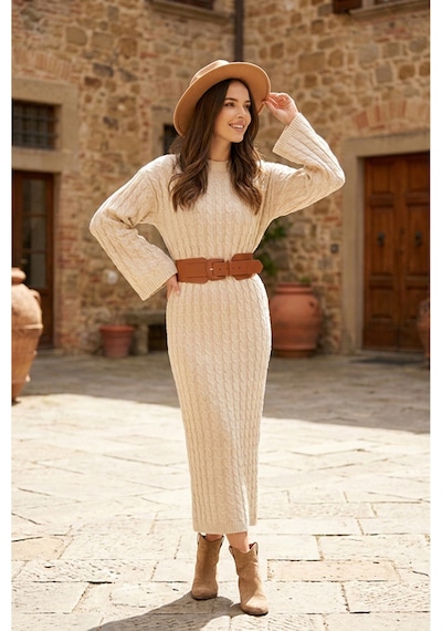 Sayzen Your Shine Trend Saç Örgülü Bisiklet Yaka Triko Elbise Ekru