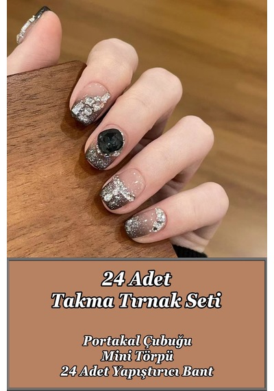 Kısa Takma Tırnak 24 Adet Ombre Siyah Taşlı Takma Tırnak Seti Z1008 Siyah Ombre