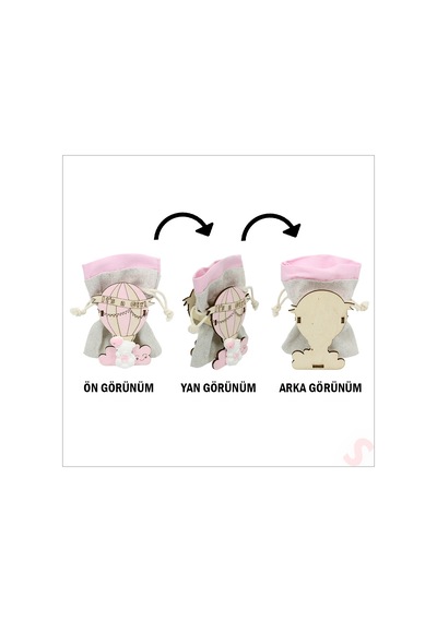 Ahşap Standlı 10cm X 8cm Kese, Pembe Uçan Balon - 1 Adet Renkli Çok Renkli