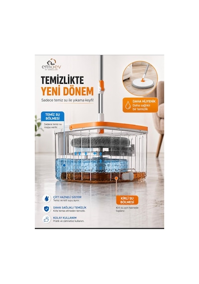 Otomatik Döner Mop Temiz Ve Kirli Suyu Ayıran Çift Hazneli Temizlik Seti 360 Döner Mikrofiber Mop