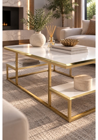 Sulorahome Gold Beyaz Orta Sehpa 90x60 Cm Dikdörtgen Salon Sehpası Altın - Beyaz