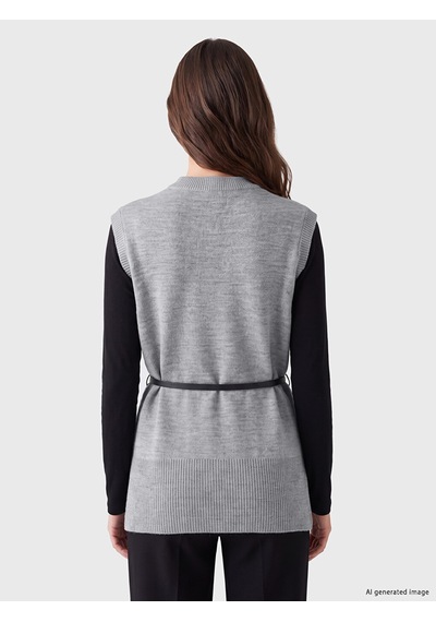Lcw Modest Gri Beli Kemerli Kadın Triko Süveter
