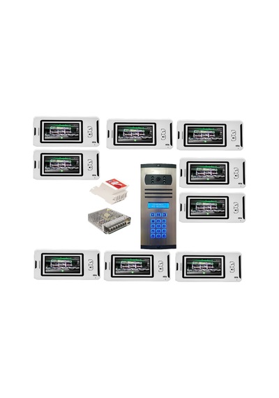9 Daire Nts 2001-b 4,3'' Görüntülü Diafon Beyaz-8003 Tuş Takımlı Şifreli Zil Panelli Set