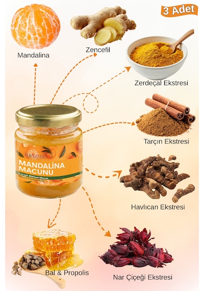 Hanzade Bitkisel Mandalina Macunu 3'lü Set Zencefil, Zerdeçal, Havlıcan, Tarçın, Bal & Propolis Içeren Karışık Bitkisel Macun 210 Ml