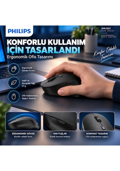Philips SPK7607 Kablosuz 2.4GHz + Bluetooth 3200 DPI 7 Tuşlu Sessiz Mouse