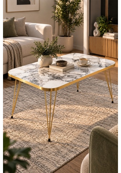 Sulorahome Gold Detaylı Mermer Desenli Orta Sehpa Altın - Mermer